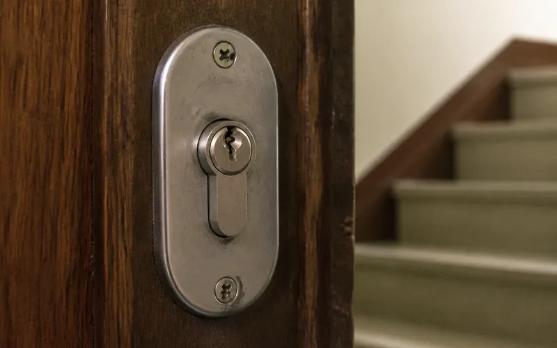 Escudo y cilindro al ras en una puerta de entrada de Valencia, el punto que más mejora la seguridad del piso